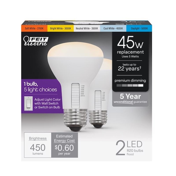 Feit Electric Feit R20 E26 (Medium) LED Bulb Adjustable White 45 Watt Equivalence 2 pk R20DM/6WYCA/2 - main